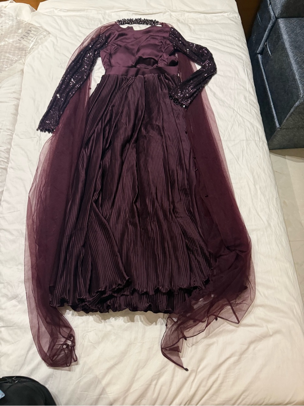 Plum Indian Anarkali Evening Gown Sequined Long Sleeve Tulle Overlay
